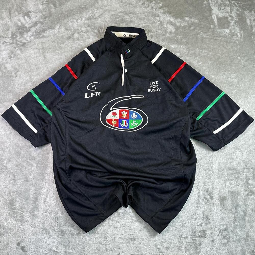 Live For Rugby LFR Jersey Black Multicolor Crest Rugby Shirt Athletic Mens Large